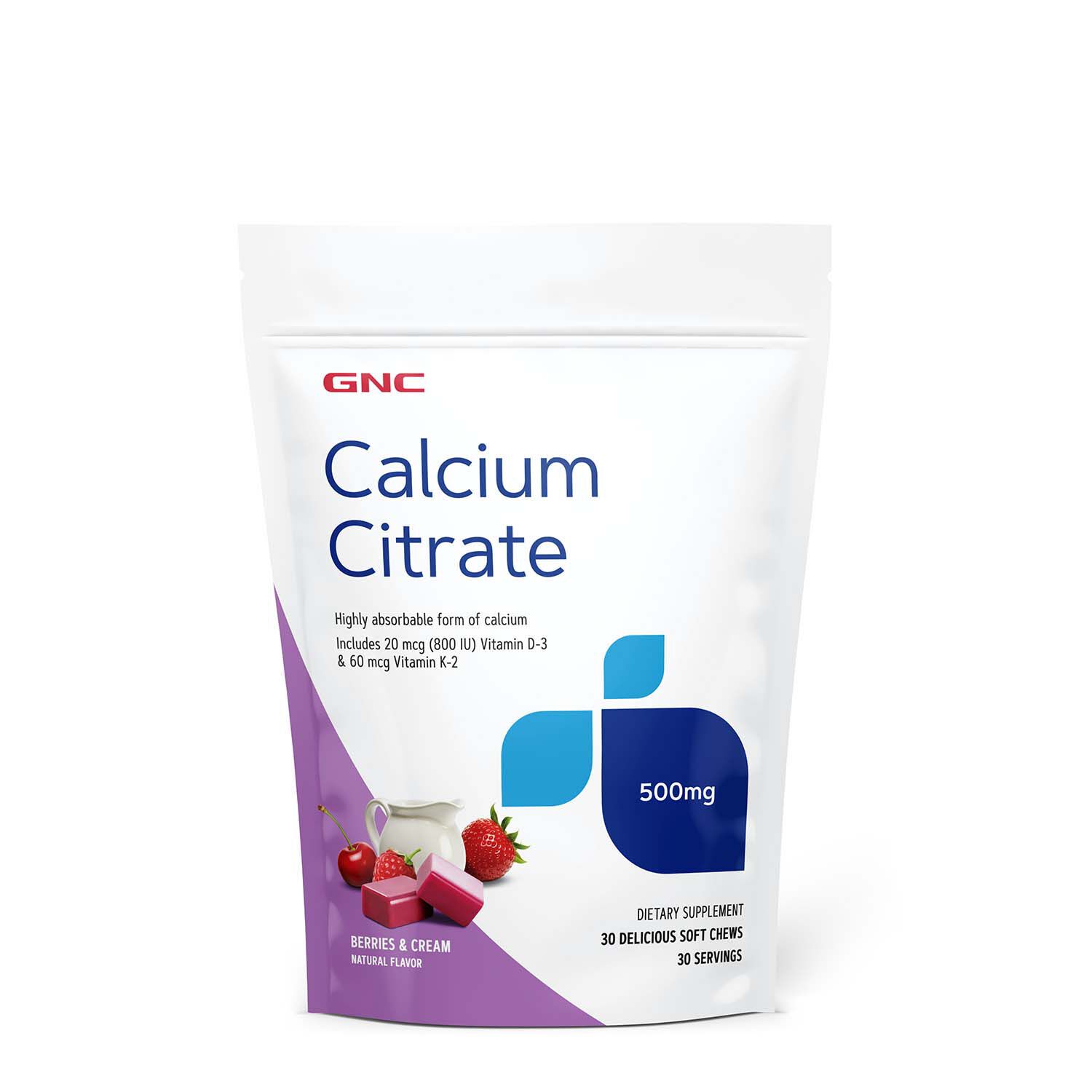 Calcium Citrate 500 mg - Berries &amp; Cream Flavor - 30 Soft Chews &#40;30 Servings&#41;  | GNC